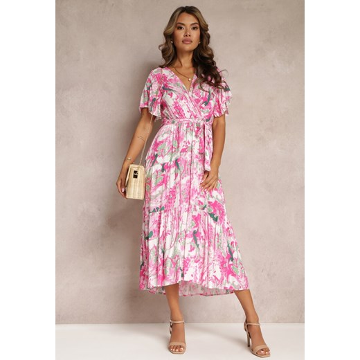 Różowa Sukienka Midi z Gumką w Talii i Kopertowym Dekoltem Stanlia ze sklepu Renee odzież w kategorii Sukienki - zdjęcie 160409913