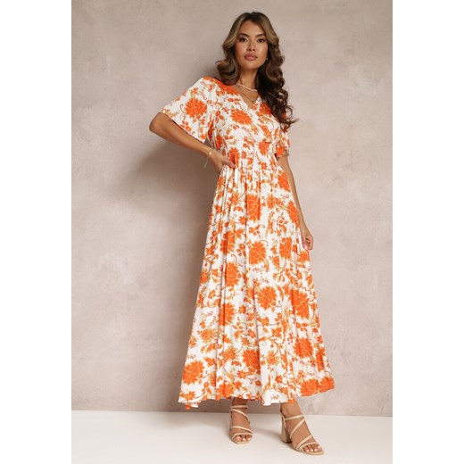 Pomarańczowa Rozkloszowana Sukienka Maxi w Kwiaty z Wiskozy Manishie ze sklepu Renee odzież w kategorii Sukienki - zdjęcie 160409973