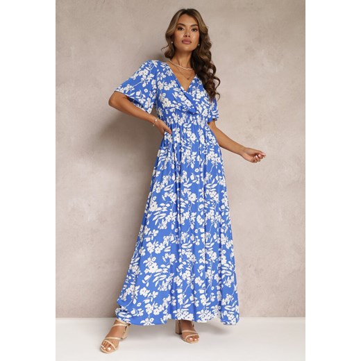 Niebieska Kopertowa Sukienka Maxi z Gumką w Pasie i Wiązaniem na Plecach Dangela ze sklepu Renee odzież w kategorii Sukienki - zdjęcie 160409983