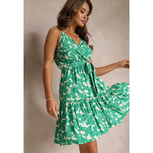 Zielona Rozkloszowana Sukienka Mini na Ramiączkach z Gumką i Wiązaniem w Pasie z Wiskozy Lonitta ze sklepu Renee odzież w kategorii Sukienki - zdjęcie 160410093