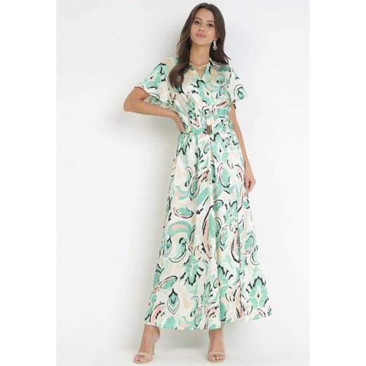 Zielona Rozkloszowana Sukienka Maxi z Kopertowym Dekoltem i Gumką w Pasie Nildena ze sklepu Born2be Odzież w kategorii Sukienki - zdjęcie 160410313