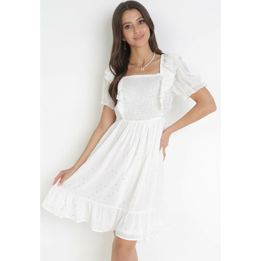 Biała Sukienka Mini z Falbankami przy Rękawach i Gumką w Pasie Nevitta ze sklepu Born2be Odzież w kategorii Sukienki - zdjęcie 160410333