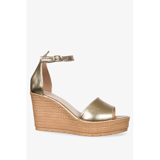 Złote sandały skórzane damskie espadryle na koturnie z zakrytą piętą pasek wokół Casu 38 okazja Casu.pl
