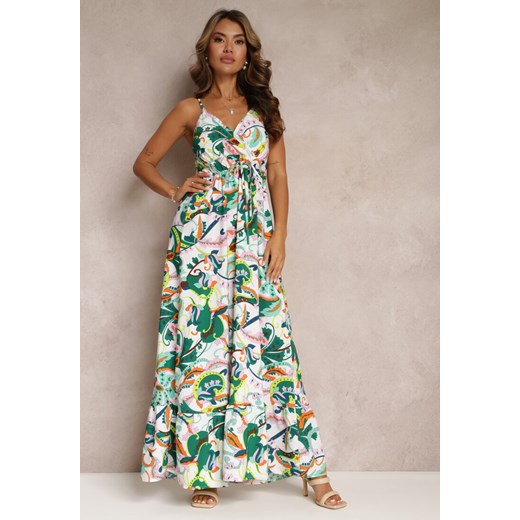 Jasnozielona Rozkloszowana Sukienka Maxi na Ramiączkach z Kopertowym Dekoltem i Gumką w Talii Ellama ze sklepu Renee odzież w kategorii Sukienki - zdjęcie 160427254