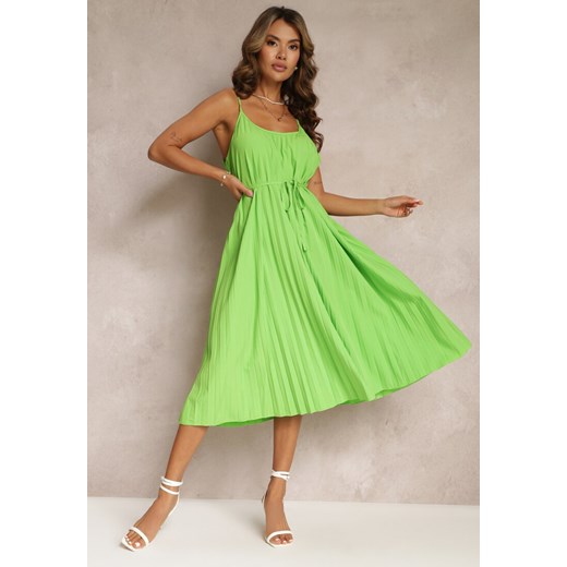 Zielona Letnia Sukienka Ozdobiona Plisowaniem i Wiązaniem w Pasie Aziel ze sklepu Renee odzież w kategorii Sukienki - zdjęcie 160427264