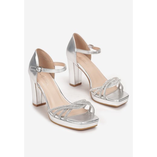 Srebrne Sandały na Słupku z Kwadratowym Noskiem i Biżuteryjnymi Paskami Eteas Renee 41 okazyjna cena renee.pl