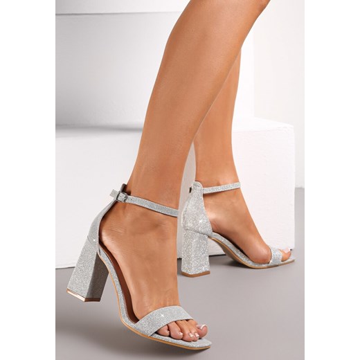 Srebrne Sandały Brokatowe na Słupku z Kwadratowym Noskiem Taenaris Renee 41 wyprzedaż renee.pl