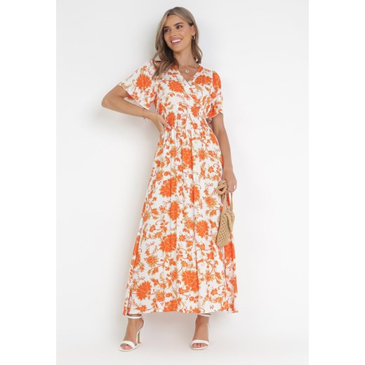 Pomarańczowa Rozkloszowana Sukienka z Wiskozy w Kwiaty Rawnie ze sklepu Born2be Odzież w kategorii Sukienki - zdjęcie 160488210