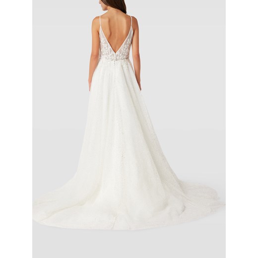 Sukienka Luxuar Fashion biała rozkloszowana z dekoltem w literę v na ramiączkach na ślub cywilny 