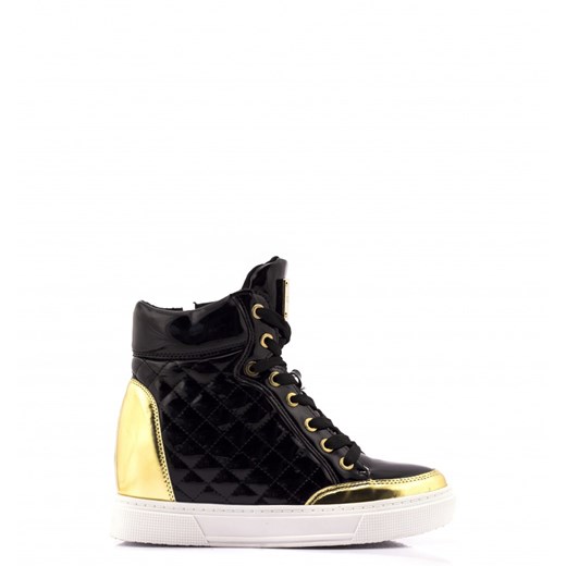 Czarne Sneakersy Shiny Black Sneakers with Gold Trim born2be-pl czarny na obcasie