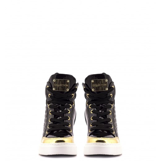 Czarne Sneakersy Shiny Black Sneakers with Gold Trim born2be-pl czarny na platformie