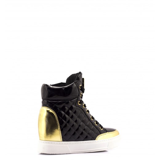 Czarne Sneakersy Shiny Black Sneakers with Gold Trim born2be-pl czarny skóra