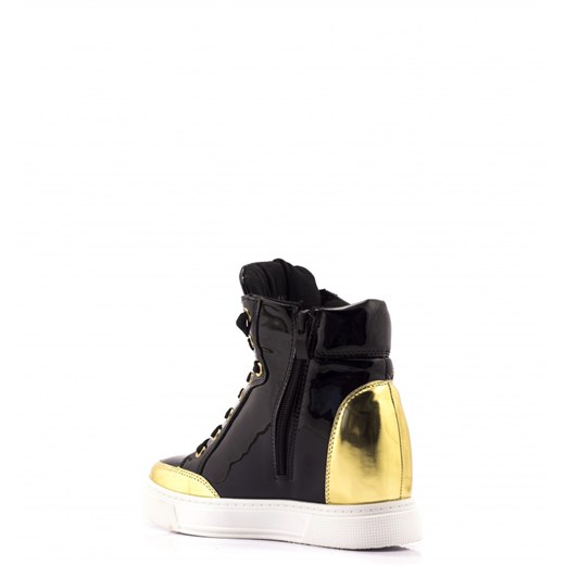 Czarne Sneakersy Shiny Black Sneakers with Gold Trim born2be-pl czarny skóra ekologiczna