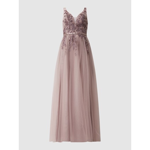 Różowa sukienka Luxuar Fashion z dekoltem w serek z aplikacją z tiulu maxi 