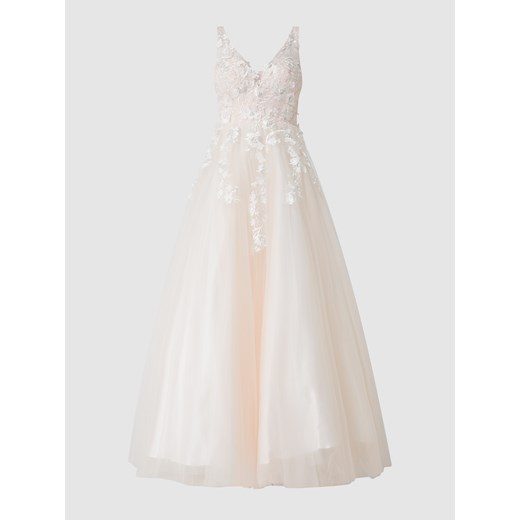 Sukienka biała Luxuar Fashion w serek bez rękawów tiulowa na ślub cywilny 