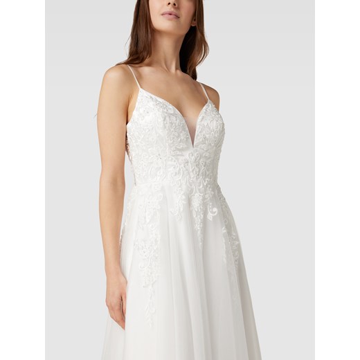 Sukienka Luxuar Fashion elegancka biała w serek koronkowa na ramiączkach na ślub cywilny 