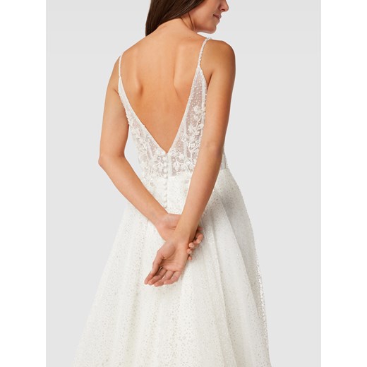 Sukienka Luxuar Fashion na ślub cywilny na ramiączkach biała rozkloszowana z dekoltem w literę v 