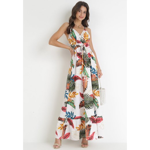 Biała Sukienka Maxi w Roślinny Wzór z Gumką w Pasie Karsina L promocyjna cena Born2be Odzież