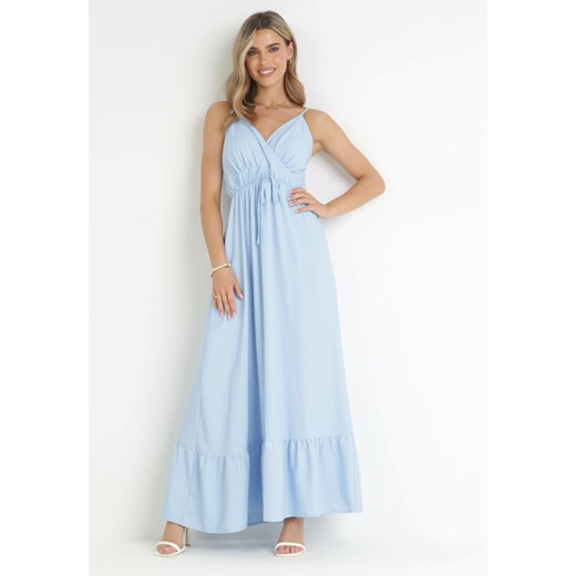 Jasnoniebieska Gładka Sukienka Maxi z Marszczoną Elastyczną Talią Tenawa L okazyjna cena Born2be Odzież