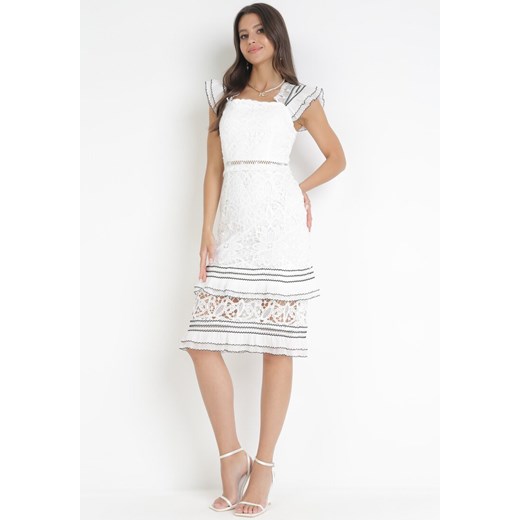 Biała Ażurowa Sukienka Midi z Falbankami przy Ramionach Adelana ze sklepu Born2be Odzież w kategorii Sukienki - zdjęcie 160823012