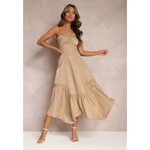 Beżowa Rozkloszowana Sukienka Maxi z Asymetrycznym Dołem Chelsene ze sklepu Renee odzież w kategorii Sukienki - zdjęcie 160823263