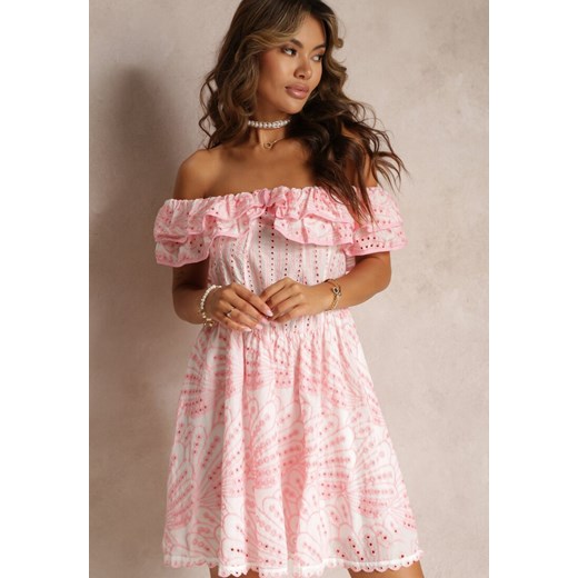 Różowa Haftowana Sukienka Mini z Hiszpańskim Dekoltem i Gumką w Talii Nissi ze sklepu Renee odzież w kategorii Sukienki - zdjęcie 160830920