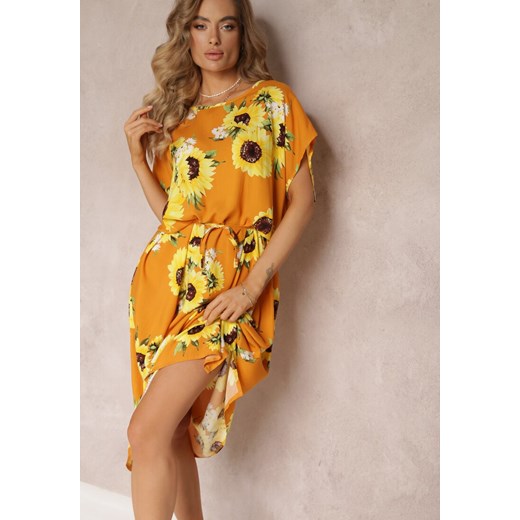Pomarańczowa Długa Sukienka z Wiskozy w Słoneczniki z Wiązaniem w Talii Kolita Renee L Renee odzież okazja