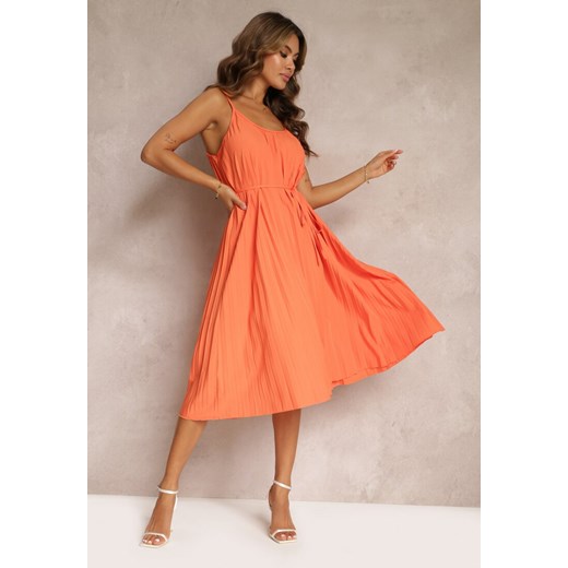 Pomarańczowa Letnia Sukienka Ozdobiona Plisowaniem i Wiązaniem w Pasie Aziel ze sklepu Renee odzież w kategorii Sukienki - zdjęcie 160886960