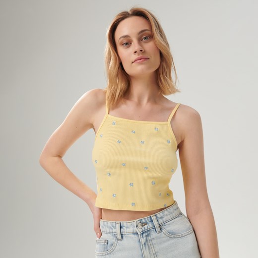 Sinsay - Crop top z haftem - Żółty Sinsay M Sinsay