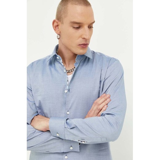 HUGO koszula bawełniana męska kolor niebieski slim z kołnierzykiem klasycznym ze sklepu ANSWEAR.com w kategorii Koszule męskie - zdjęcie 160898643