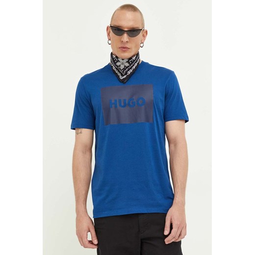 HUGO t-shirt bawełniany kolor niebieski z nadrukiem 50467952 ze sklepu ANSWEAR.com w kategorii T-shirty męskie - zdjęcie 160898812