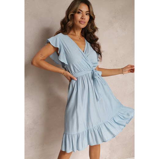 Niebieska Rozkloszowana Sukienka z Gumką w Pasie i Kopertowym Dekoltem Araunya ze sklepu Renee odzież w kategorii Sukienki - zdjęcie 160903840