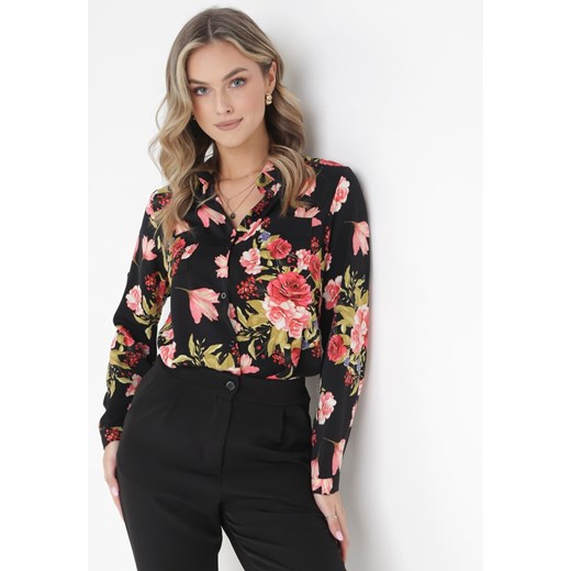 Czarna Koszula z Wiskozy w Kwiaty Sollo 2XL promocja Born2be Odzież