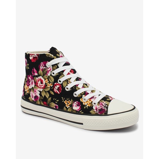 Royalfashion Wysokie czarne trampki damskie we wzór w kwiaty Soxic ze sklepu royalfashion.pl w kategorii Trampki damskie - zdjęcie 160910794
