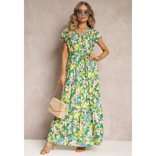 Zielona Rozkloszowana Sukienka Maxi w Kwiaty Moirane ze sklepu Renee odzież w kategorii Sukienki - zdjęcie 160920620
