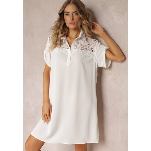 Biała Koszulowa Sukienka z Ozdobną Koronką i Krótkim Rękawem Cinzia ze sklepu Renee odzież w kategorii Sukienki - zdjęcie 160920720
