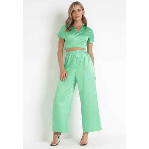 Zielony 2-częściowy Komplet Top z Ozdobnym Wiązaniem i Długie Spodnie Fransa ze sklepu Born2be Odzież w kategorii Komplety i garnitury damskie - zdjęcie 160921184