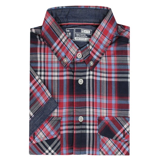 Koszula Męska Bawełniana, Granatowo-Czerwona w Kratkę Casualowa, Krótki Rękaw Pako Jeans M JegoSzafa.pl