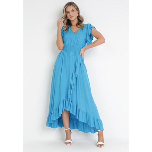 Niebieska Wiskozowa Sukienka z Kopertowym Dołem i Dekoltem Lail ze sklepu Born2be Odzież w kategorii Sukienki - zdjęcie 160935862