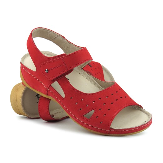 Wygodne sandały damskie skórzane na rzep- Pollonus 1515,  czerwone Pollonus 40 ulubioneobuwie