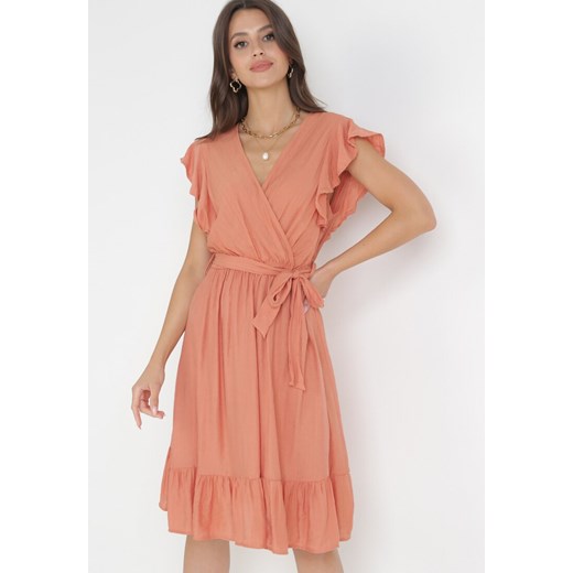 Pomarańczowa Rozkloszowana Sukienka z Gumką w Pasie Pabelin ze sklepu Born2be Odzież w kategorii Sukienki - zdjęcie 160955710