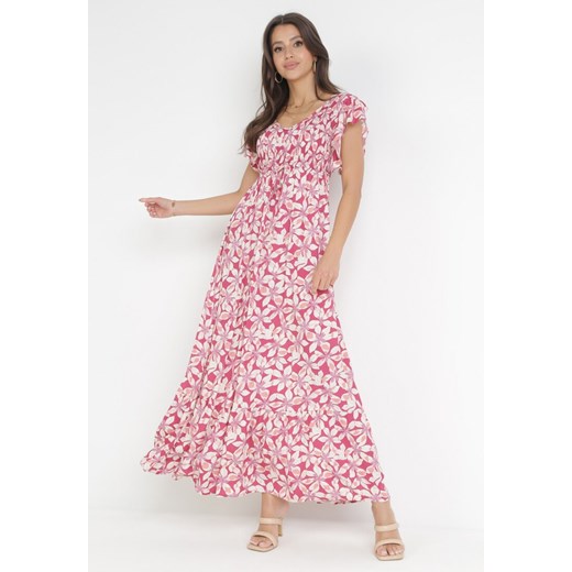 Różowa Rozkloszowana Sukienka Maxi z Wiskozy w Kwiaty Bathan ze sklepu Born2be Odzież w kategorii Sukienki - zdjęcie 160955882