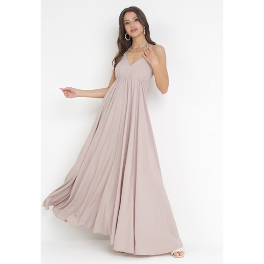 Ciemnobeżowa Rozkloszowana Sukienka Maxi z Wiązaniem na Szyi Cathenia ze sklepu Born2be Odzież w kategorii Sukienki - zdjęcie 160955952
