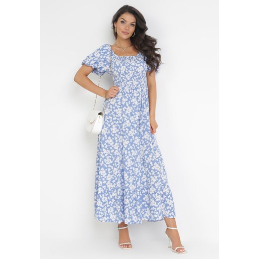 Niebieska Rozkloszowana Sukienka Maxi w Kwiaty Casceia M okazyjna cena Born2be Odzież