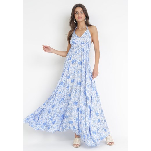 Niebieska Rozkloszowana Sukienka Maxi z Wiązaniem na Szyi Tesit ze sklepu Born2be Odzież w kategorii Sukienki - zdjęcie 160956012
