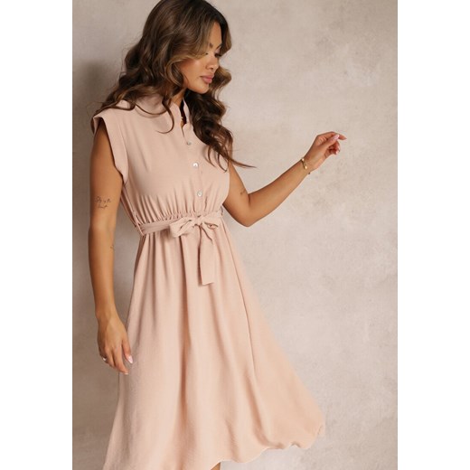 Różowa Sukienka Midi z Guzikami i Materiałowym Paskiem Nylalik ze sklepu Renee odzież w kategorii Sukienki - zdjęcie 160967331