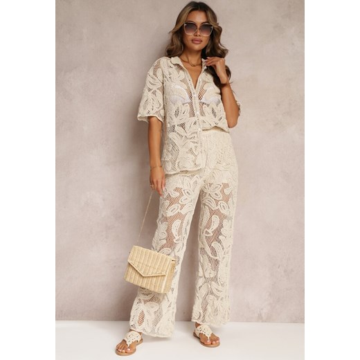 Beżowe Szerokie Spodnie Szydełkowe Giddia ze sklepu Renee odzież w kategorii Spodnie damskie - zdjęcie 160973063