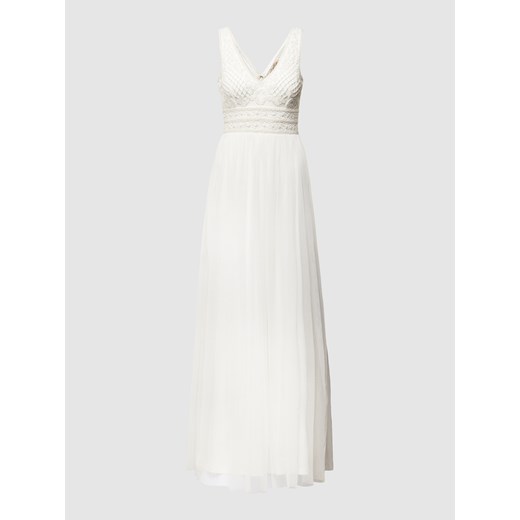 Sukienka biała Lace & Beads z dekoltem w serek rozkloszowana z koronką maxi 