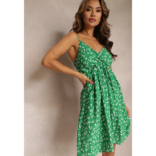 Zielona Sukienka Mini z Bawełny Ściągana Troczkiem na Regulowanych Ramiączkach Taziana ze sklepu Renee odzież w kategorii Sukienki - zdjęcie 161011690