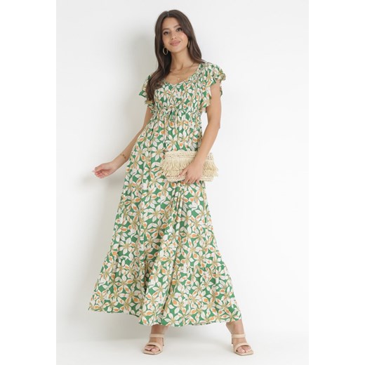 Zielona Rozkloszowana Sukienka Maxi z Wiskozy w Kwiaty Bathan ze sklepu Born2be Odzież w kategorii Sukienki - zdjęcie 161037640